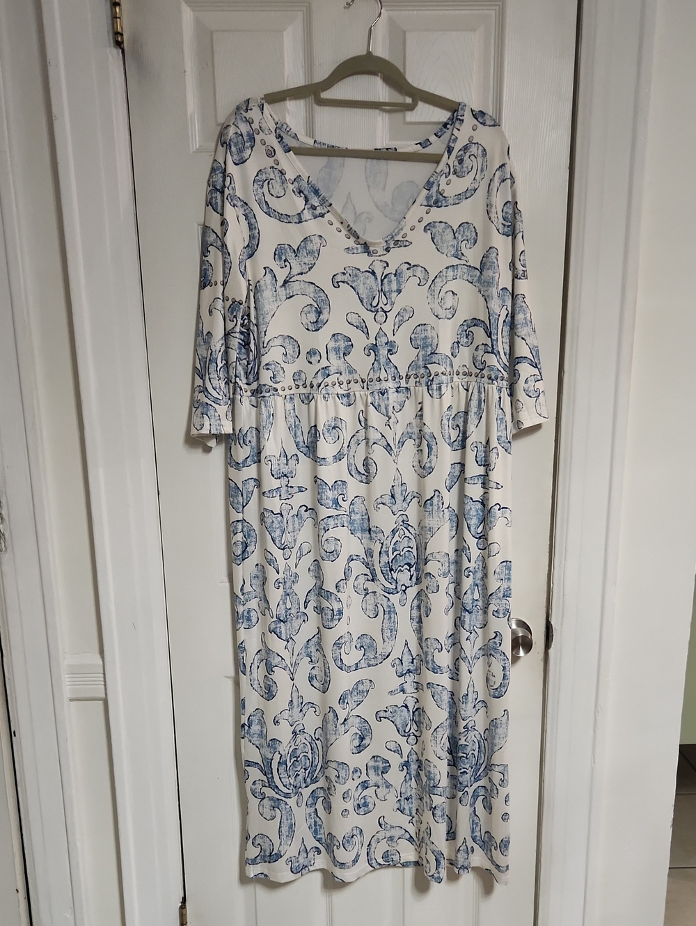White and Blue Printed V-Neck Women’s Dress